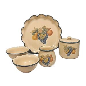 Home & Garden Party Ltd 2002 Fruit Motif Ceramic Set Plate Bowls Jar Vase USA